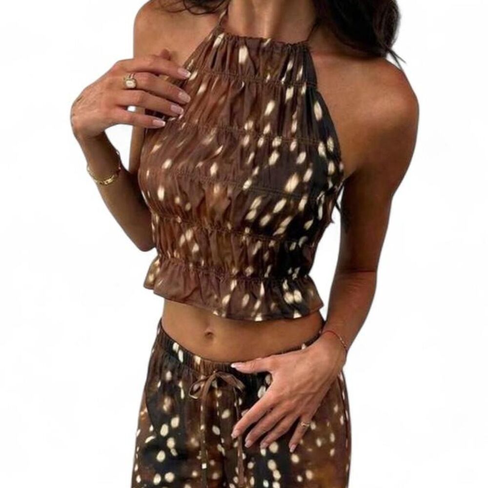 Brown and White Halter Open Back Crop Top Women’s XS